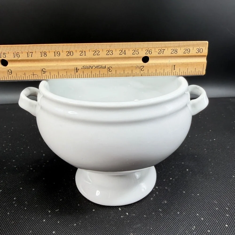 Crate & Barrel White Porcelain Footed Soup Bowls Set 2 Lion Head Style Handles